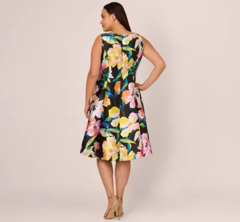 Adrianna Papell Plus Size Floral Print Mikado Sleeveless Dress With High Low Skirt In Black Multi BLACKMULTI Hot