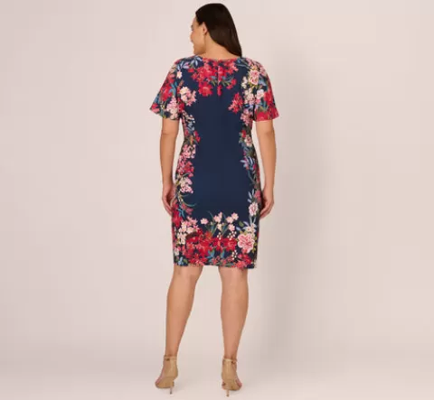 Adrianna Papell Plus Size Floral Print Twill Sheath Dress With Flutter Short Sleeves In Navy Multi NAVYMULTI New