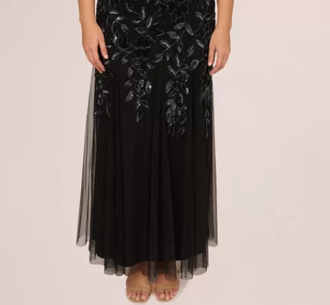 Adrianna Papell Plus Size Hand Beaded Short Sleeve Floral Godet Gown In Black Gunmetal BLACK-GUNMETAL Best Sale
