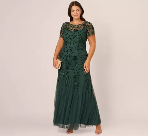 Adrianna Papell Plus Size Hand Beaded Short Sleeve Floral Godet Gown In Dusty Emerald DUSTYEMERALD Best Sale