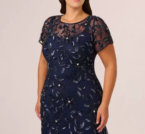 Adrianna Papell Plus Size Hand Beaded Short Sleeve Floral Godet Gown In Light Navy LIGHTNAVY Best