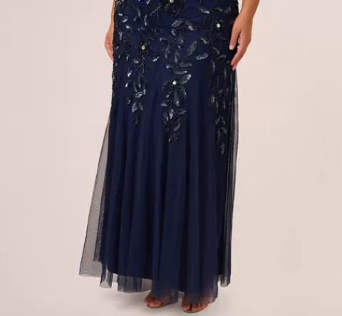 Adrianna Papell Plus Size Hand Beaded Short Sleeve Floral Godet Gown In Light Navy LIGHTNAVY Best