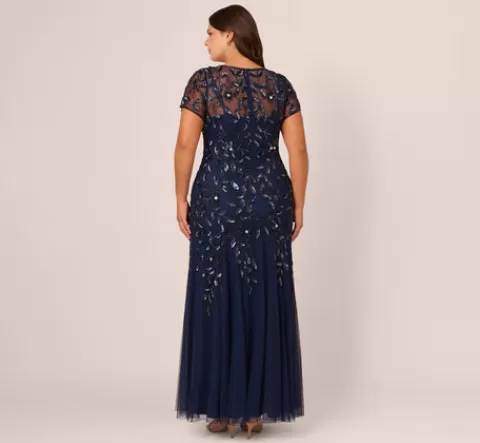 Adrianna Papell Plus Size Hand Beaded Short Sleeve Floral Godet Gown In Light Navy LIGHTNAVY Best