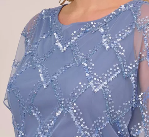 Adrianna Papell Plus Size Hand-Beaded Blouson Long Gown With Flutter Sleeves In French Blue FRENCHBLUE New