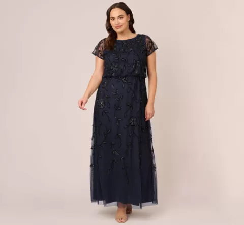 Adrianna Papell Plus Size Jasmine Beaded Blouson Gown With Sheer Short Sleeves In Navy Black NAVYBLACK Fashion