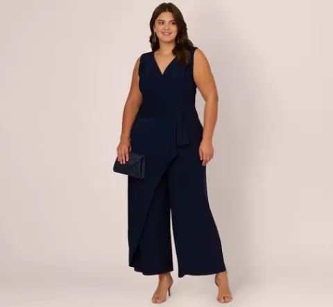 Adrianna Papell Plus Size Jersey Sleeveless Pintuck Jumpsuit With Wide Legs In MIDNIGHT Cheap