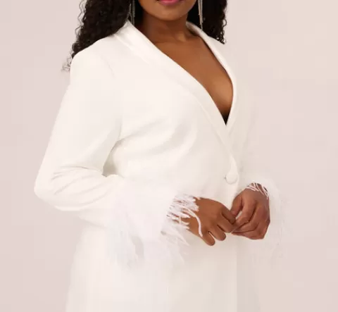 Adrianna Papell Plus Size Knit Crepe Long Sleeve Blazer Dress With Feather Trim In IVORY Cheap