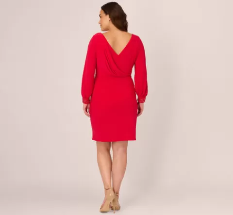 Adrianna Papell Plus Size Long Sleeve Draped Jersey Dress With Beaded Cuffs In Hot Ruby HOTRUBY Shop
