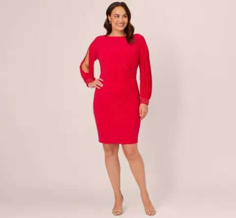 Adrianna Papell Plus Size Long Sleeve Draped Jersey Dress With Beaded Cuffs In Hot Ruby HOTRUBY Shop