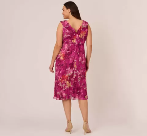 Adrianna Papell Plus Size Metallic Floral Chiffon Midi Dress With Ruffled Neckline In Raspberry Multi RASPBERRYMULTI Shop