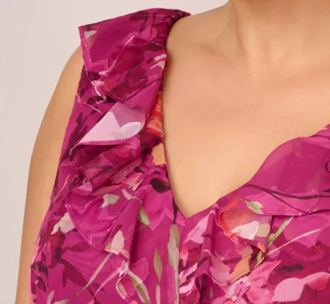 Adrianna Papell Plus Size Metallic Floral Chiffon Midi Dress With Ruffled Neckline In Raspberry Multi RASPBERRYMULTI Shop