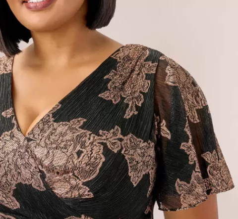 Adrianna Papell Plus Size Metallic Foil Crinkled Mesh Midi-Length Wrap Dress In Rose Gold Black ROSEGOLD-BLACK Store