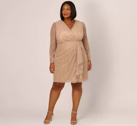 Adrianna Papell Plus Size Metallic Long Sleeve Dress With Draped Details In Light Gold LIGHTGOLD Fashion