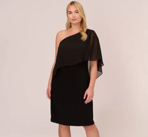 Adrianna Papell Plus Size One Shoulder Dress With Chiffon Cape In BLACK Shop