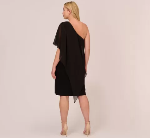 Adrianna Papell Plus Size One Shoulder Dress With Chiffon Cape In BLACK Shop