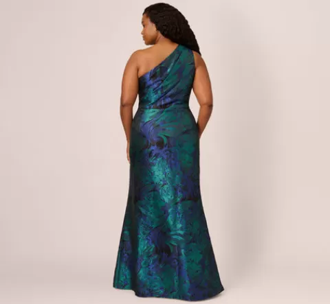 Adrianna Papell Plus Size One Shoulder Jacquard Mermaid Gown With Drape Detail In Cobalt Teal COBALT-TEAL Discount