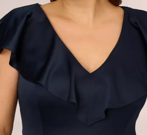Adrianna Papell Plus Size Satin Crepe Ruffled Cropped Jumpsuit In Dark Navy DARKNAVY Hot