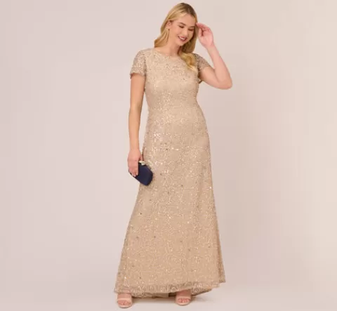 Adrianna Papell Plus Size Scoop Back Sequin Gown In CHAMPAGNE Outlet