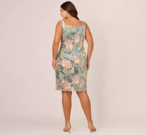 Adrianna Papell Plus Size Sequin Embroidery Short Dress In Sage Multi SAGEMULTI Flash Sale
