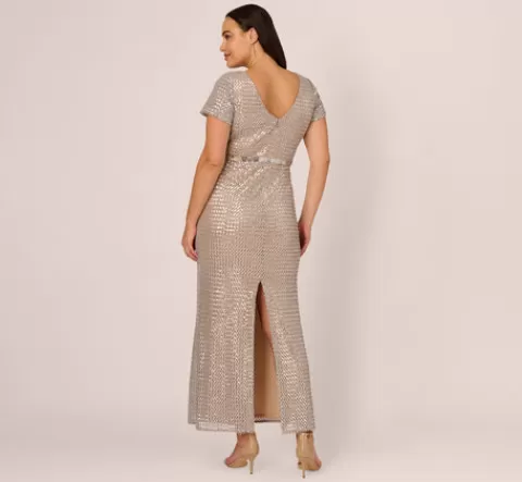 Adrianna Papell Plus Size Sequin Short Sleeve Column Gown With Embellished Waist In Silver Nude SILVER-NUDE New