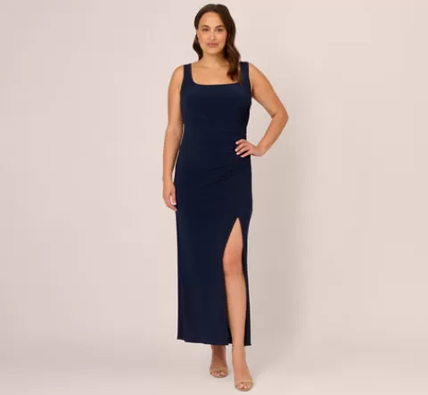 Adrianna Papell Plus Size Sleeveless Jersey Gown With Embellished Lace Cowl Back In MIDNIGHT Flash Sale