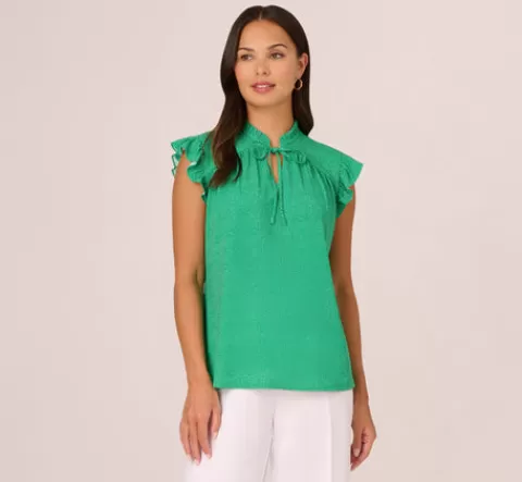 Adrianna Papell Printed Flutter Sleeve Top With Tie Neck In Emerald Ivory Micro Dot EMERALD-IVORYMICRODOT Discount