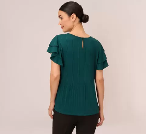 Adrianna Papell Printed Top With Double Ruffle Short Sleeves In EVERGREEN Cheap