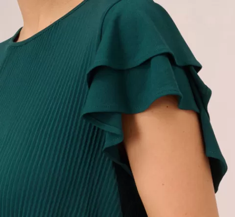 Adrianna Papell Printed Top With Double Ruffle Short Sleeves In EVERGREEN Cheap