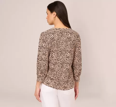 Adrianna Papell Printed V Neck Top With Cuffed Three Quarter Sleeves In Tan Shadow Leopard TANSHADOWLEOPARD Outlet