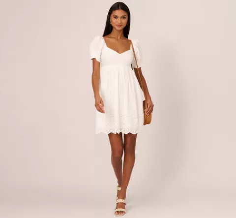 Adrianna Papell Puff Short Sleeve Eyelet Dress With Empire Waist In IVORY Discount