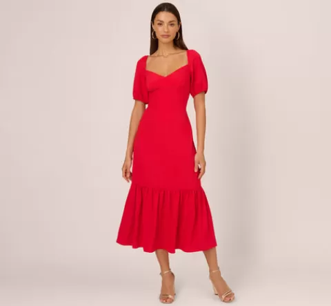 Adrianna Papell Puff Sleeve Midi Dress With Flounce Hem In SCARLET Outlet