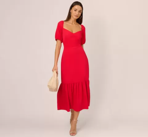 Adrianna Papell Puff Sleeve Midi Dress With Flounce Hem In SCARLET Outlet