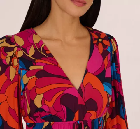 Adrianna Papell Retro Floral Print Shirred Dress With Long Bishop Sleeves In Berry Multi BERRYMULTI Fashion