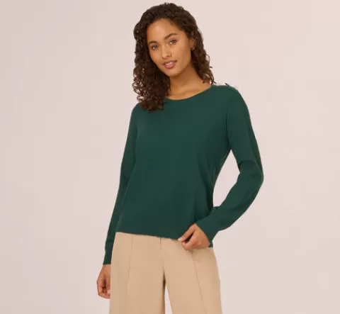 Adrianna Papell Ribbed Detail Embellished Pullover Sweater In Deep Forest DEEPFOREST Clearance