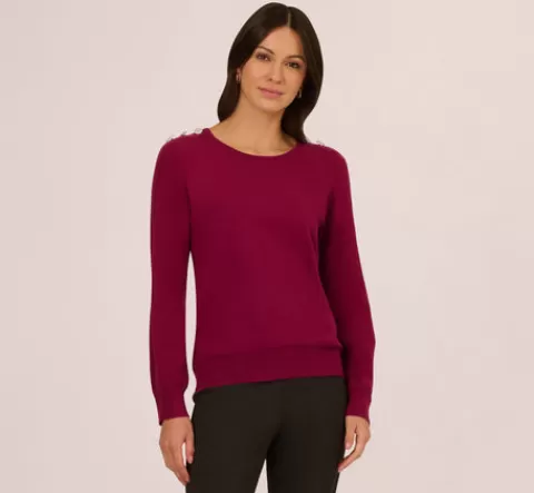 Adrianna Papell Ribbed Detail Embellished Pullover Sweater In Wine Berry WINEBERRY Outlet