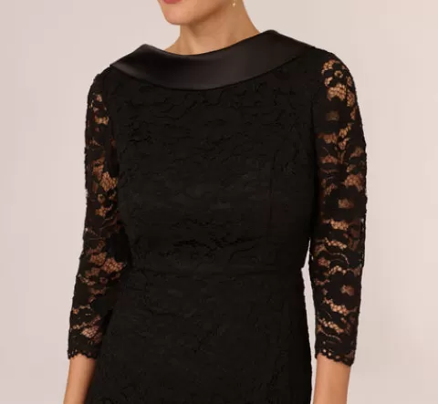 Adrianna Papell Roll Neck Lace Dress With Sheer Elbow Sleeves In BLACK New