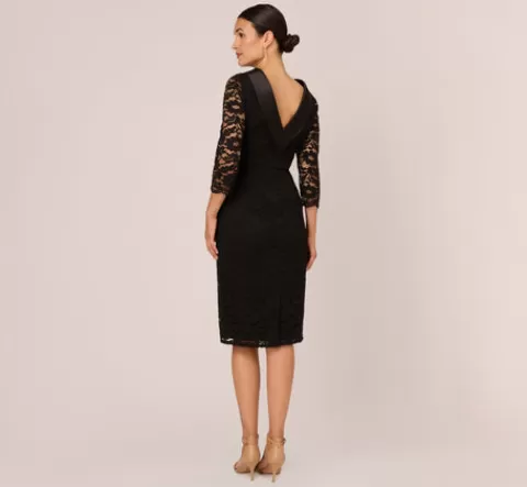 Adrianna Papell Roll Neck Lace Dress With Sheer Elbow Sleeves In BLACK New