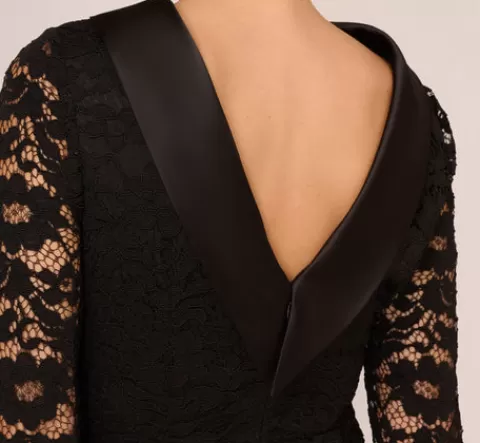 Adrianna Papell Roll Neck Lace Dress With Sheer Elbow Sleeves In BLACK New