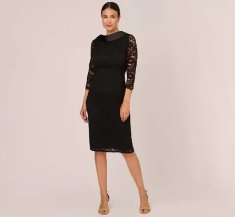 Adrianna Papell Roll Neck Lace Dress With Sheer Elbow Sleeves In BLACK New