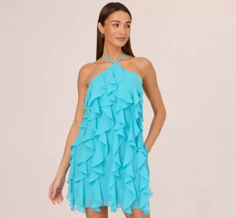 Adrianna Papell Ruffle Chiffon Halter Dress With Pockets In Azure Blue AZUREBLUE Hot