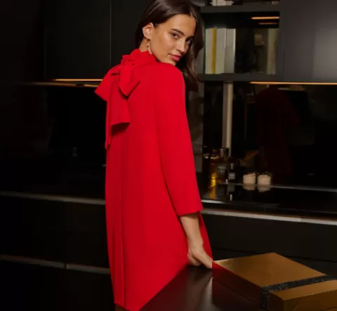 Adrianna Papell Ruffle Mock Neck A Line Shift Dress In RED Discount