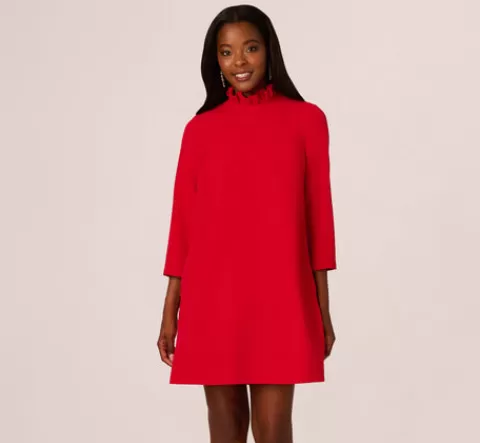Adrianna Papell Ruffle Mock Neck A Line Shift Dress In RED Discount