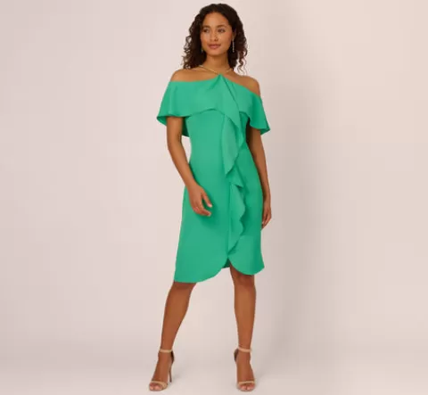 Adrianna Papell Ruffle Popover Midi Dress With Chain Halter Neckline In Flora Green FLORAGREEN Store