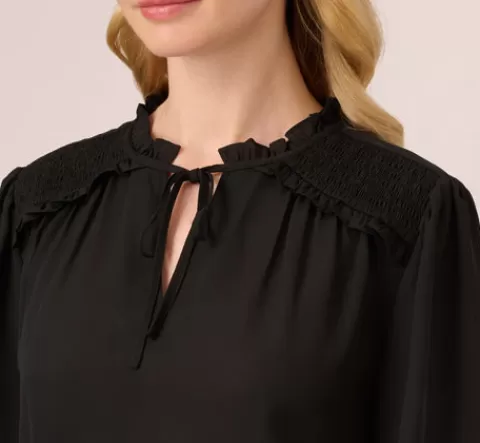 Adrianna Papell Ruffle Tie Neck Top With Smocked Long Sleeves In BLACK Flash Sale