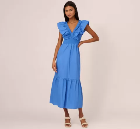Adrianna Papell Ruffled Maxi Dress With Shirred Details In Cool Water COOLWATER Discount
