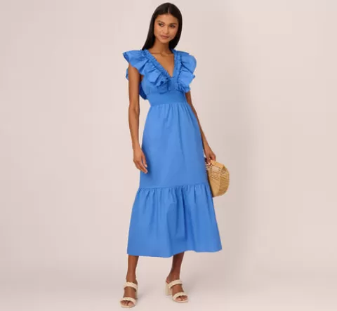 Adrianna Papell Ruffled Maxi Dress With Shirred Details In Cool Water COOLWATER Discount