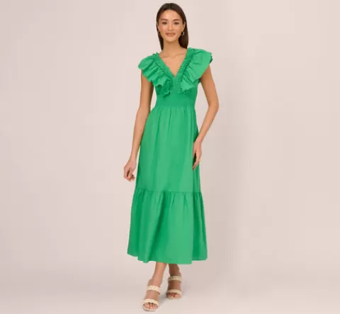 Adrianna Papell Ruffled Maxi Dress With Shirred Details In GREEN Cheap