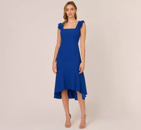 Adrianna Papell Ruffled Satin Crepe Midi-Length High/Low Cocktail Mermaid Dress In Violet Cobalt VIOLETCOBALT Sale