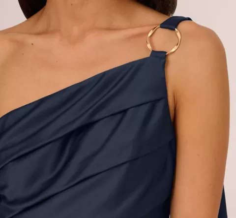Adrianna Papell Satin Crepe One Shoulder Gown With Metal Ring Accent In Dark Navy DARKNAVY Flash Sale