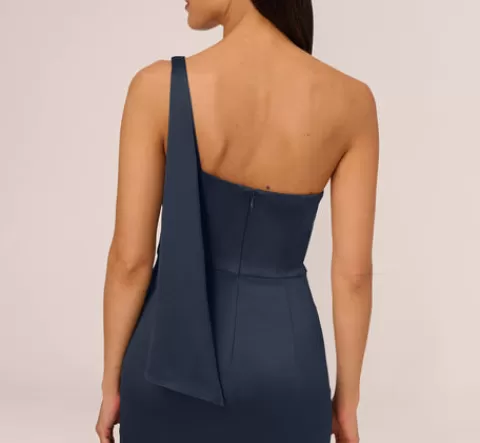 Adrianna Papell Satin Crepe One Shoulder Gown With Metal Ring Accent In Dark Navy DARKNAVY Flash Sale